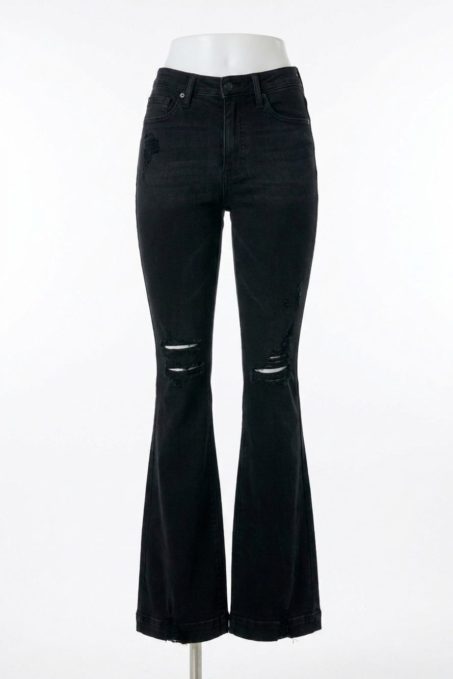 NEW JUDY BLUE high waist tummy control destroy flare jeans in black